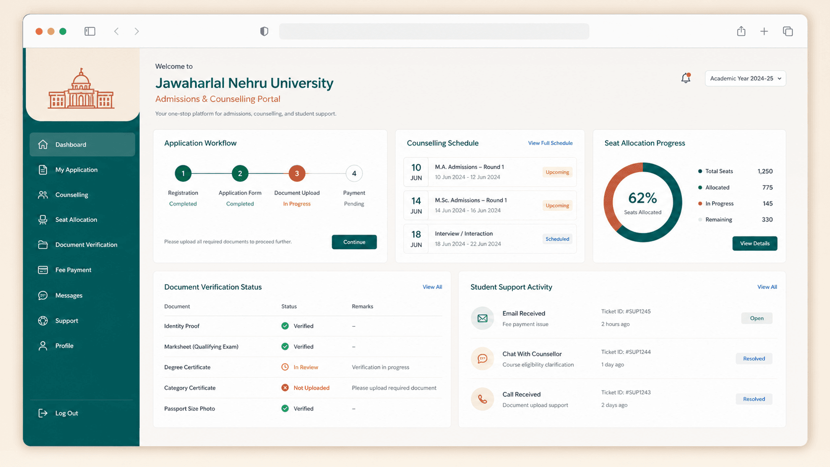 Conceptual admission and counselling portal dashboard showing application workflow, schedules, seat allocation and document verification