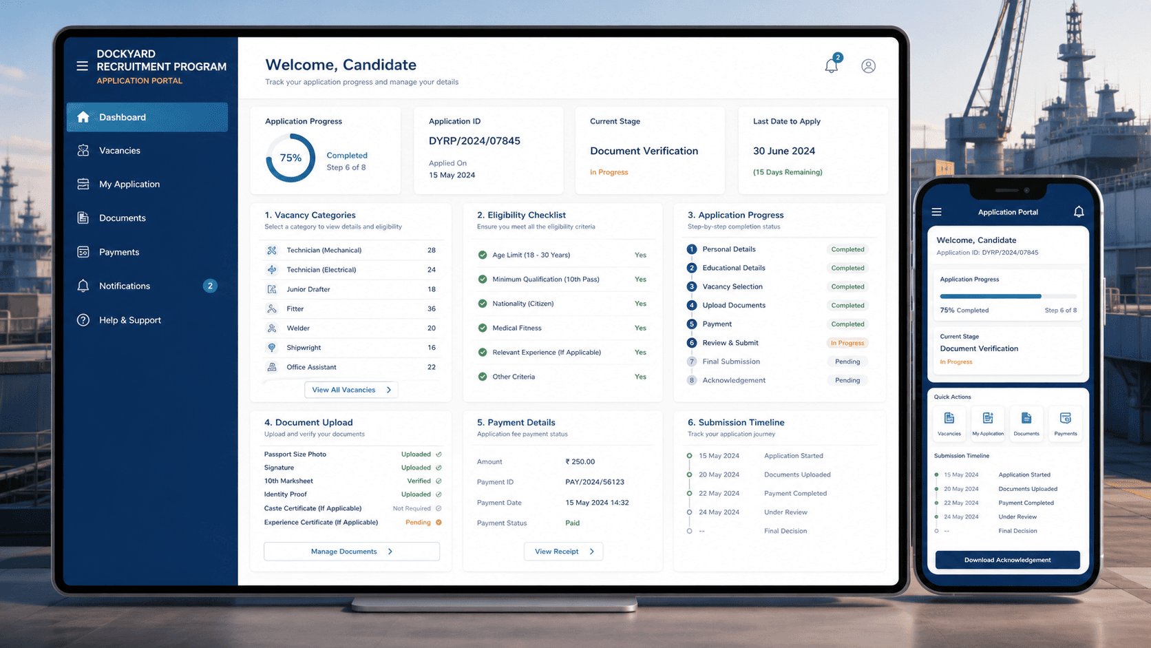 Conceptual dockyard recruitment application portal showing vacancies, eligibility, documents, payment and submission progress